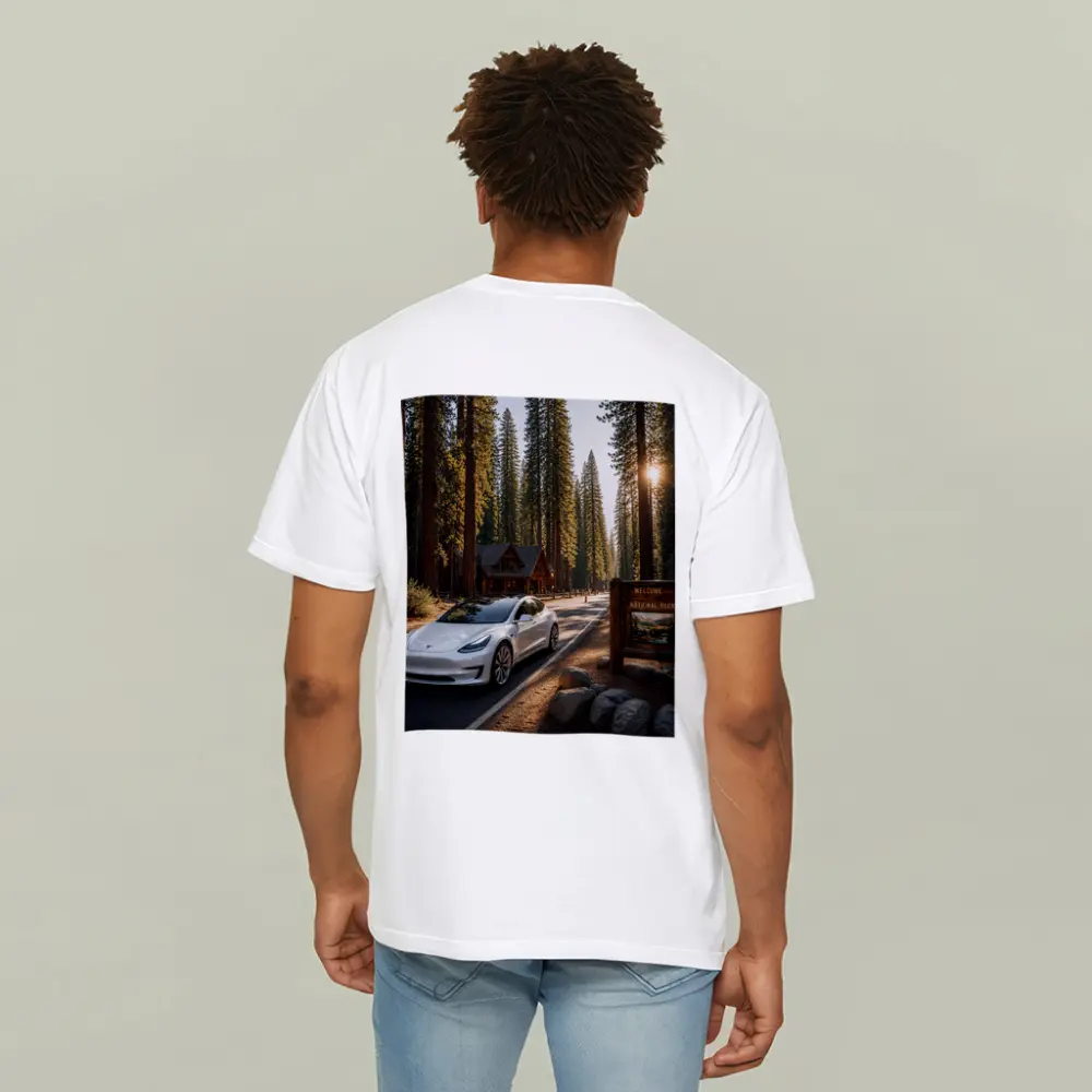 Tesla Model 3 White National Park Forest – T-Shirts