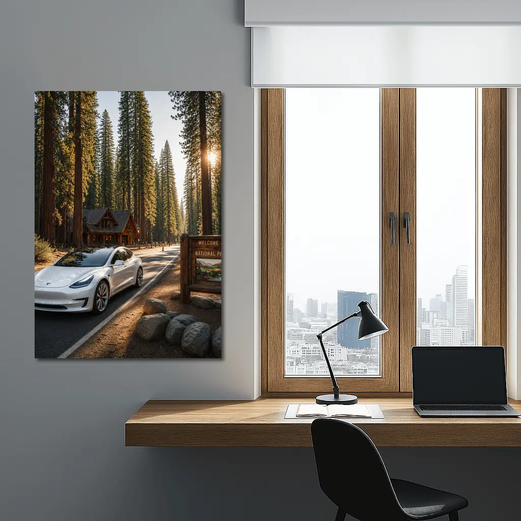 Tesla Model 3 White National Park Forest – Wall Art