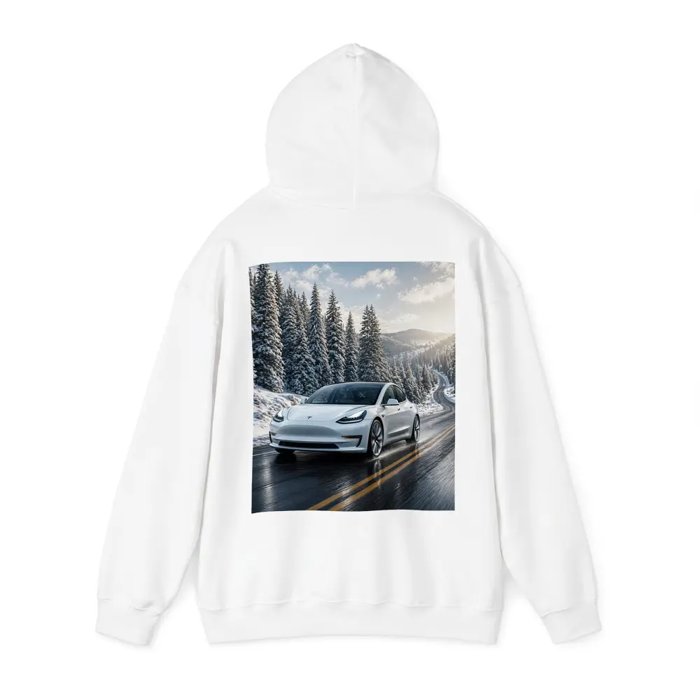 Tesla Model Three White Winter Mountain Road – Hoodies