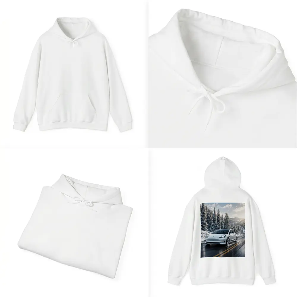 Tesla Model Three White Winter Mountain Road – Hoodies