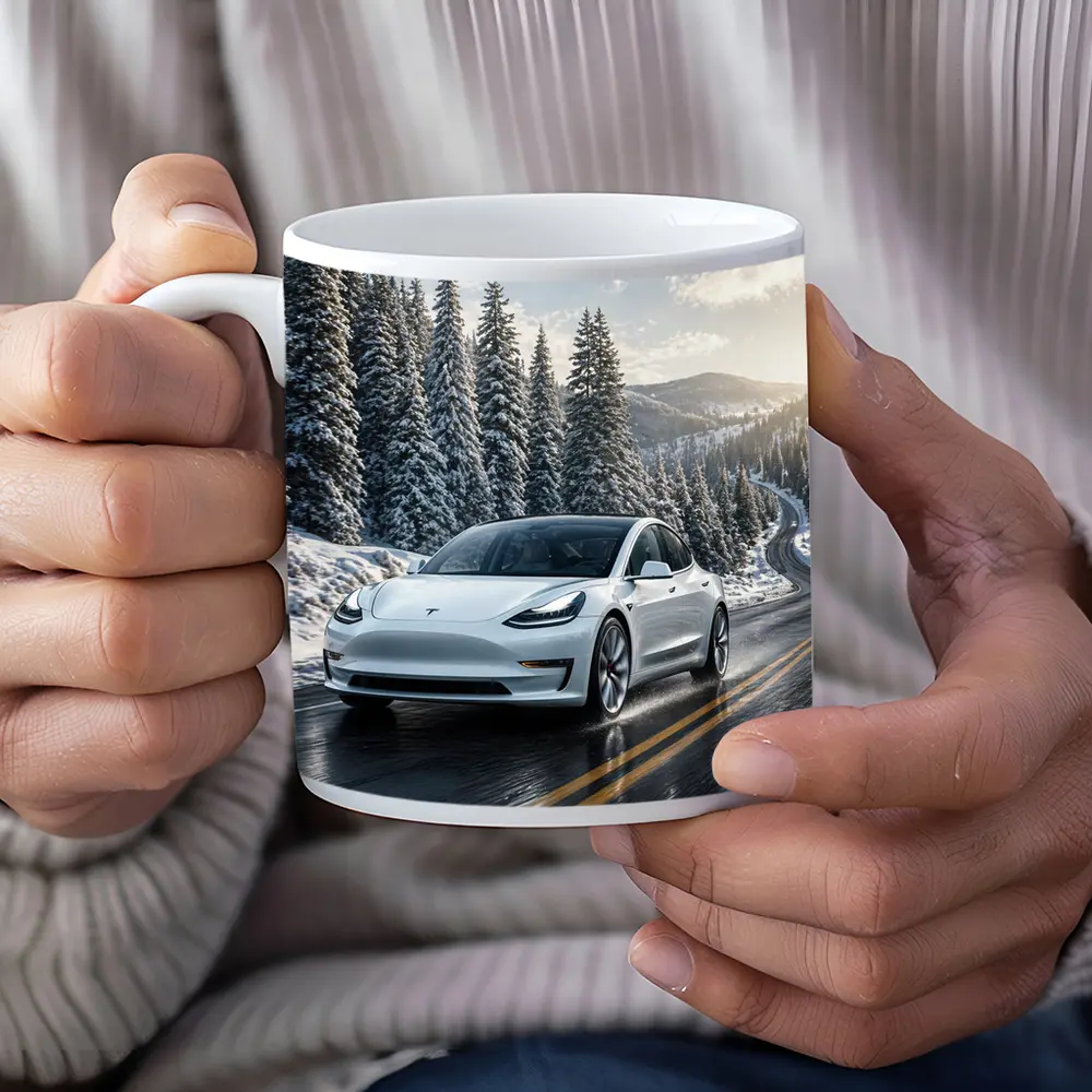 Tesla Model Three White Winter Mountain Road – Mugs