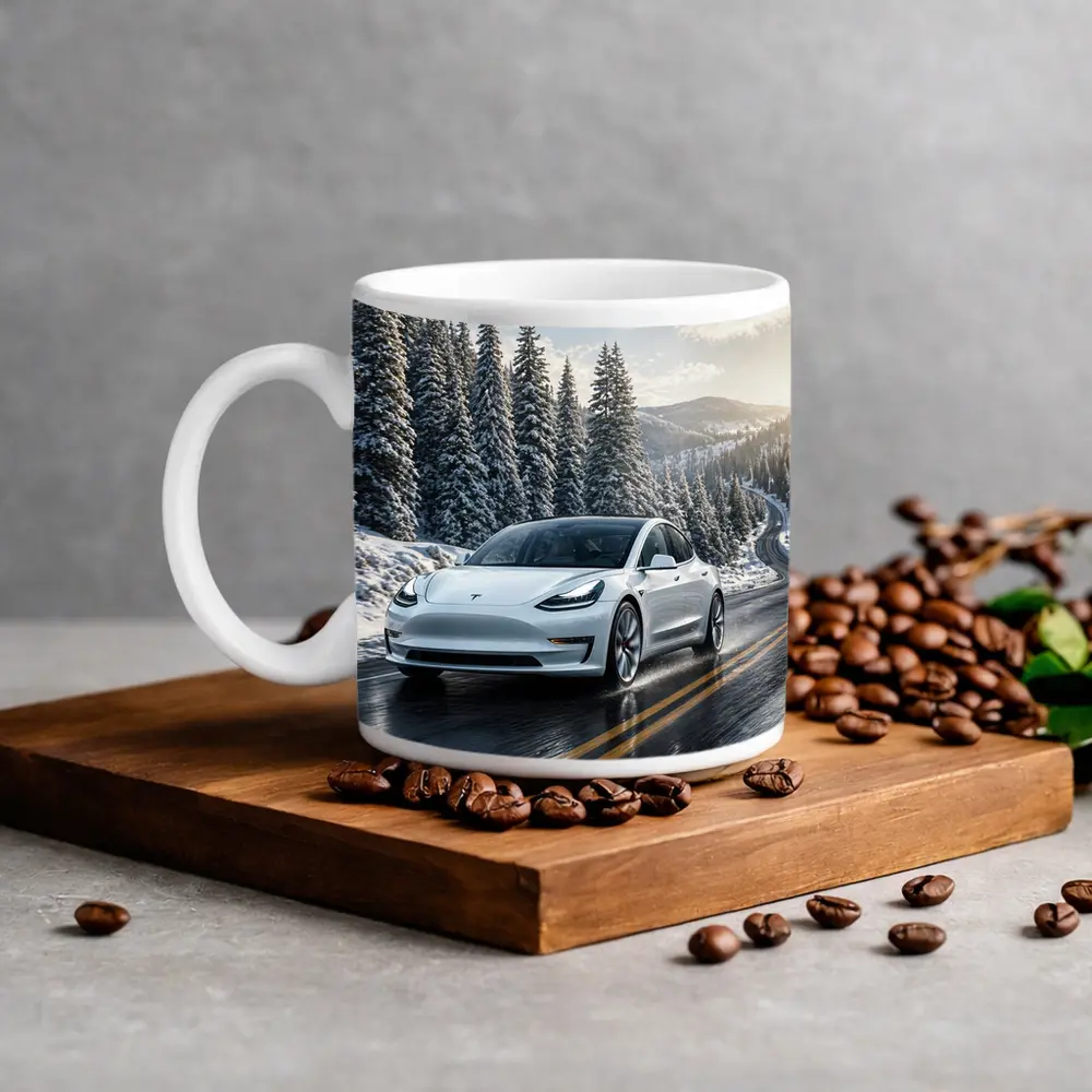 Tesla Model Three White Winter Mountain Road – Mugs