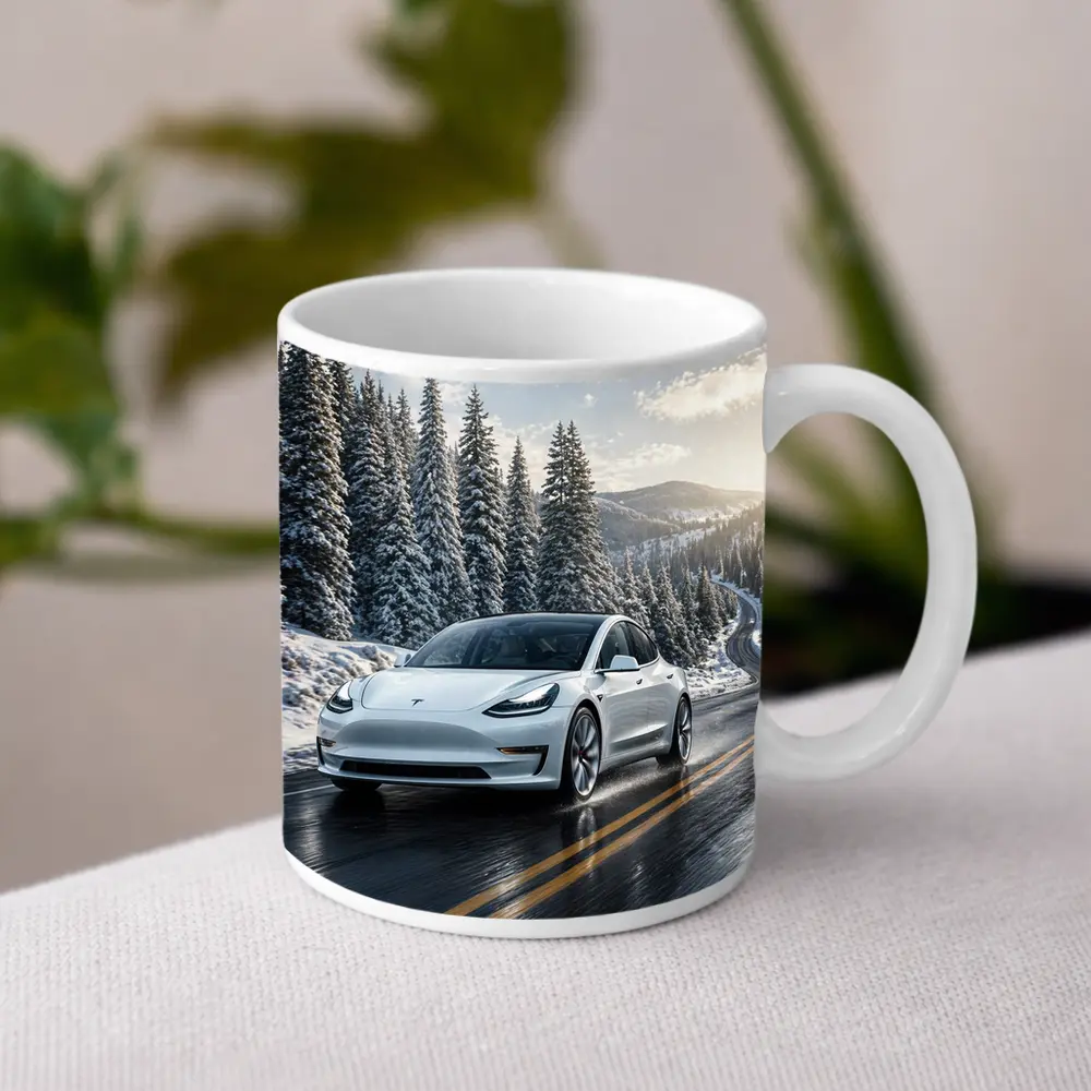 Tesla Model Three White Winter Mountain Road – Mugs