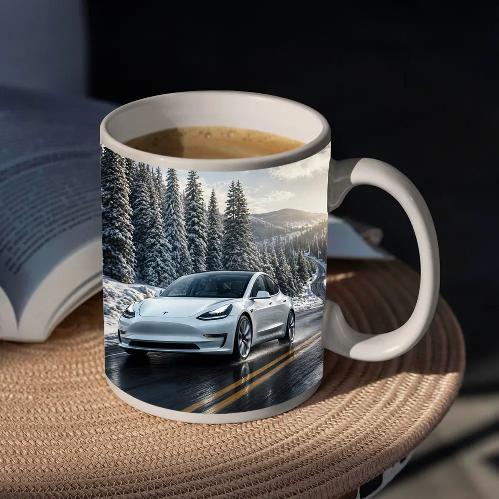 Tesla Model Three White Winter Mountain Road – Mugs