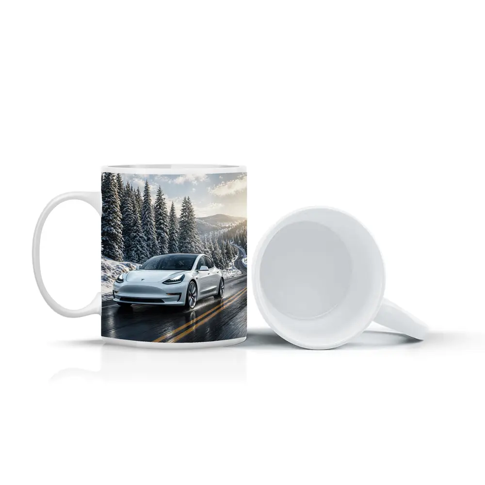 Tesla Model Three White Winter Mountain Road – Mugs