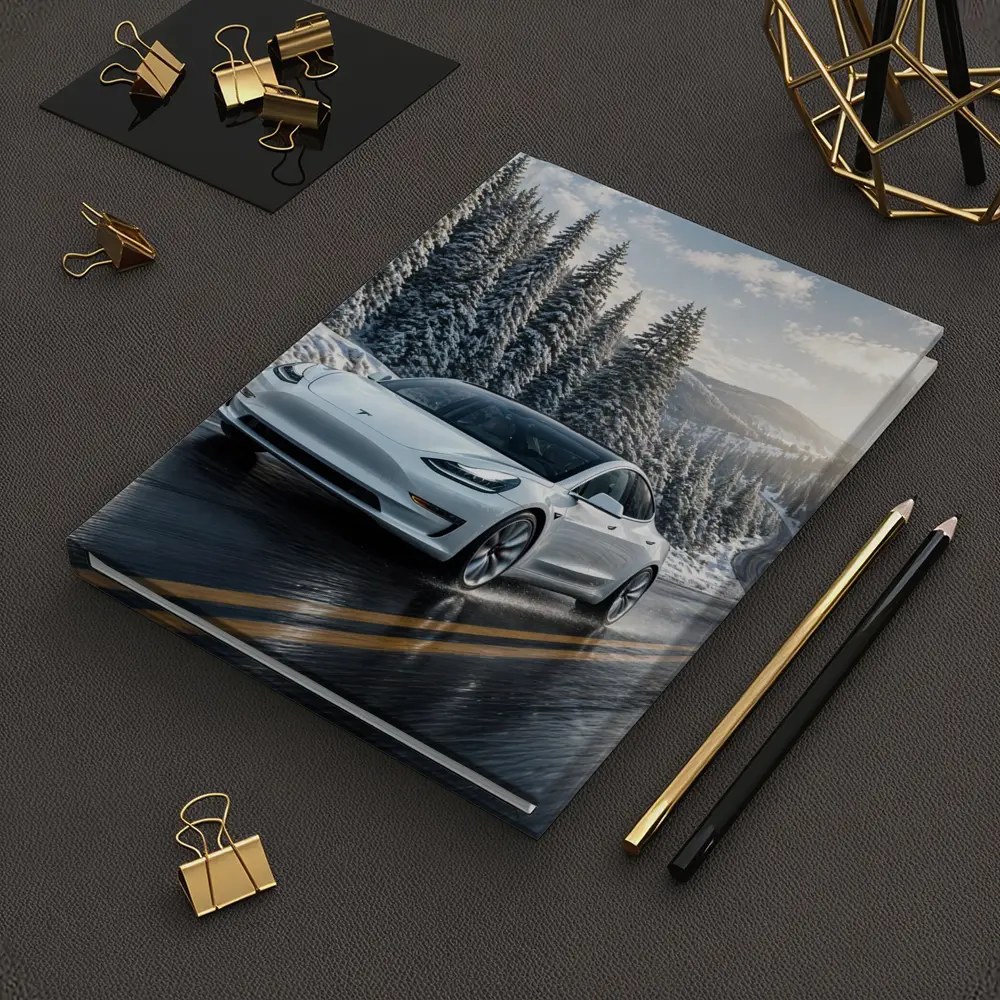 Tesla Model Three White Winter Mountain Road – Notebooks