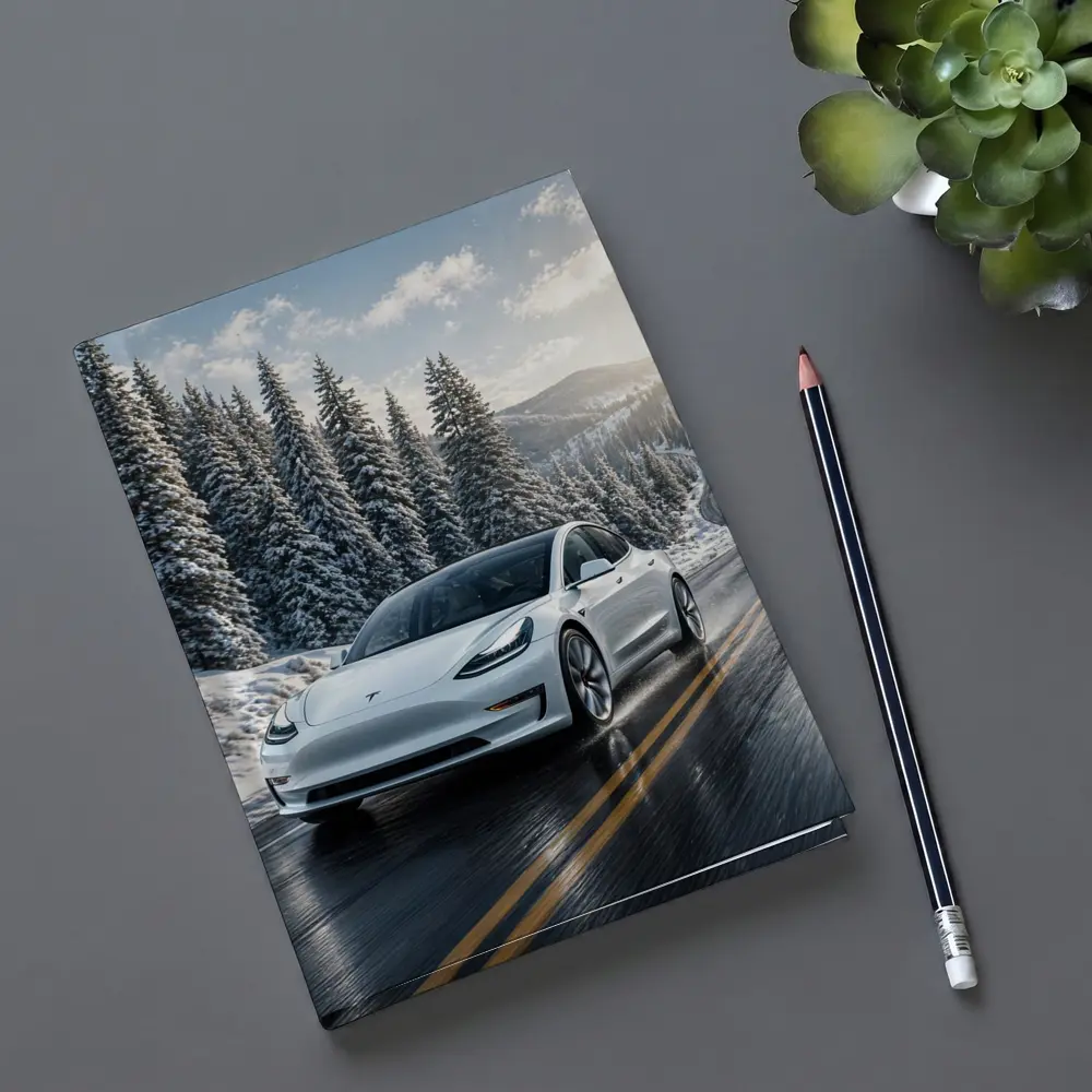 Tesla Model Three White Winter Mountain Road – Notebooks