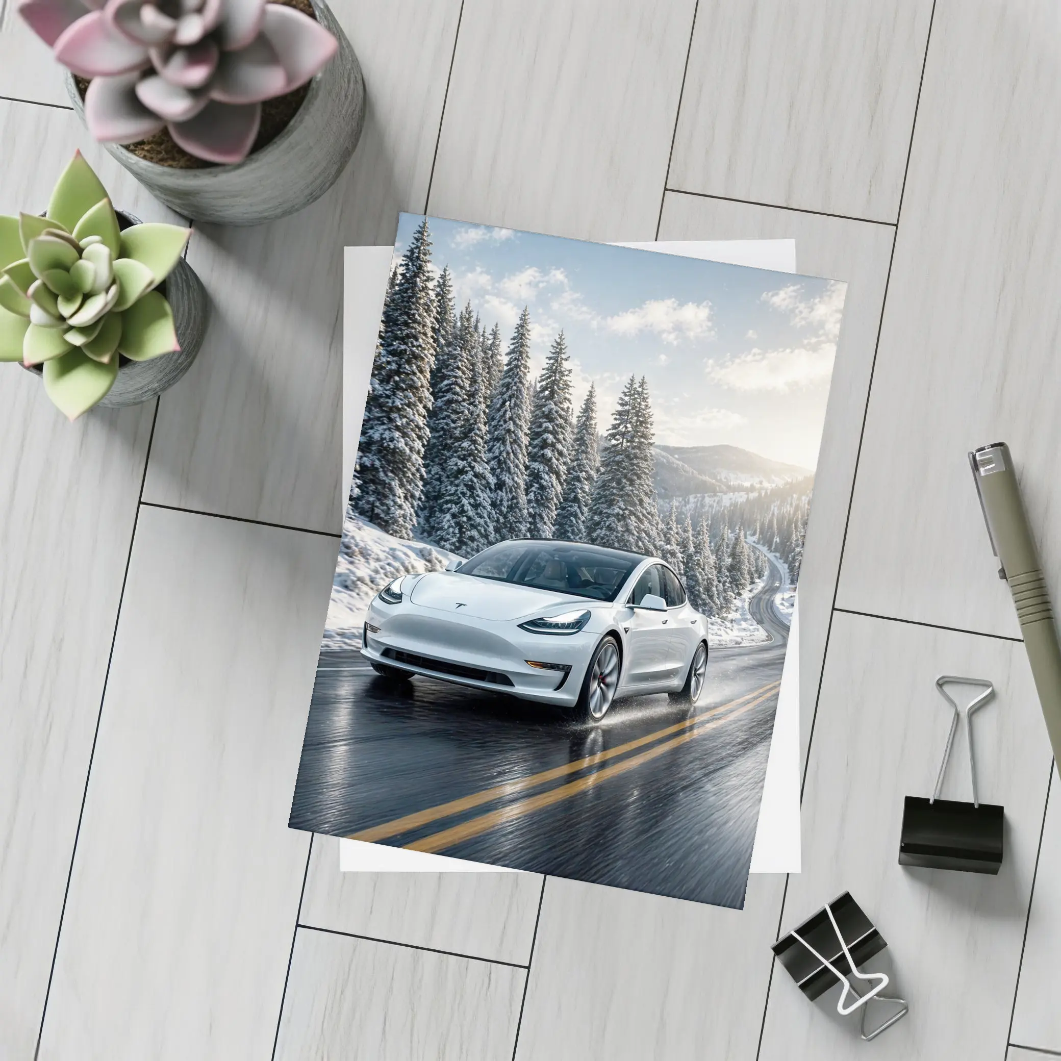 Tesla Model Three White Winter Mountain Road – Postcards