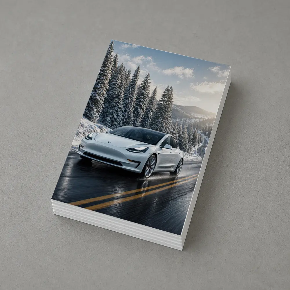 Tesla Model Three White Winter Mountain Road – Postcards