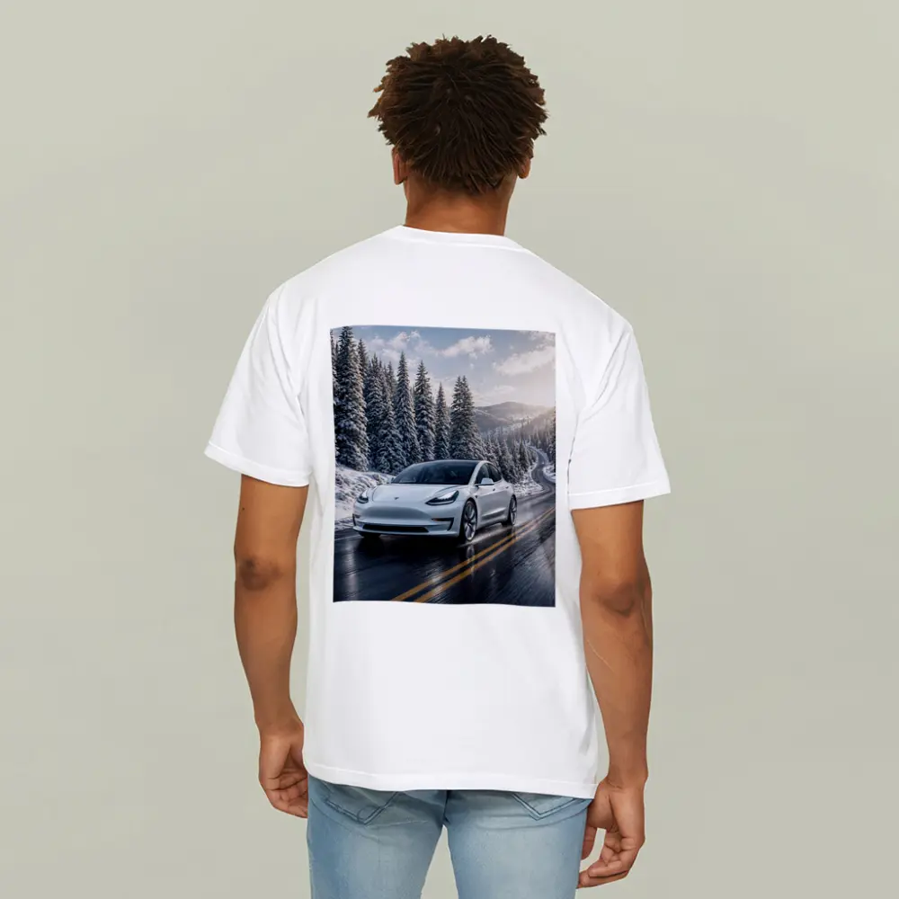 Tesla Model Three White Winter Mountain Road – T-Shirts