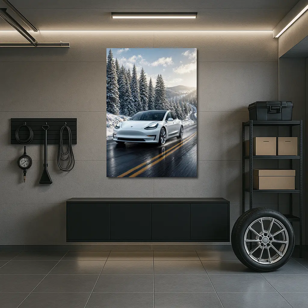 Tesla Model Three White Winter Mountain Road – Wall Art