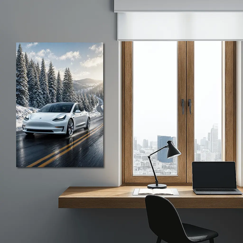 Tesla Model Three White Winter Mountain Road – Wall Art
