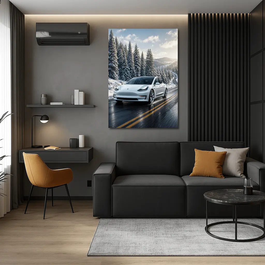 Tesla Model Three White Winter Mountain Road – Wall Art