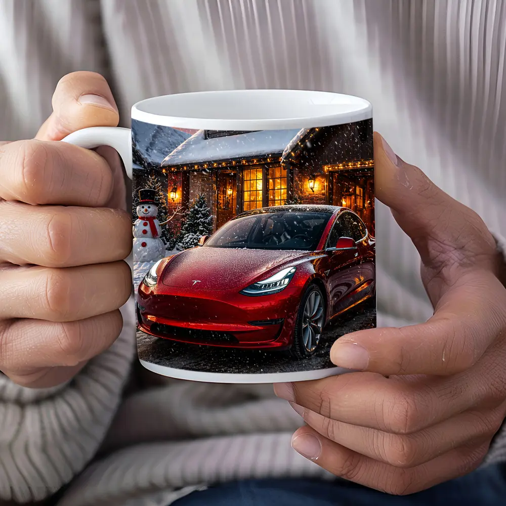 Tesla Model 3 Red Christmas Winter Night – Mugs