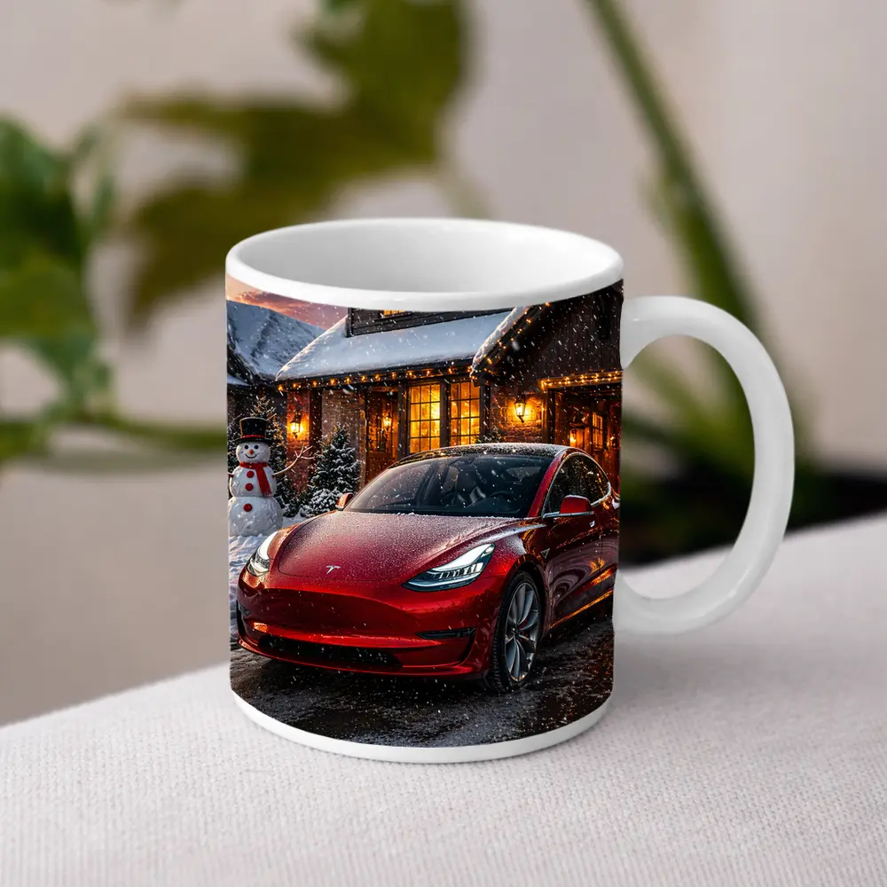 Tesla Model 3 Red Christmas Winter Night – Mugs