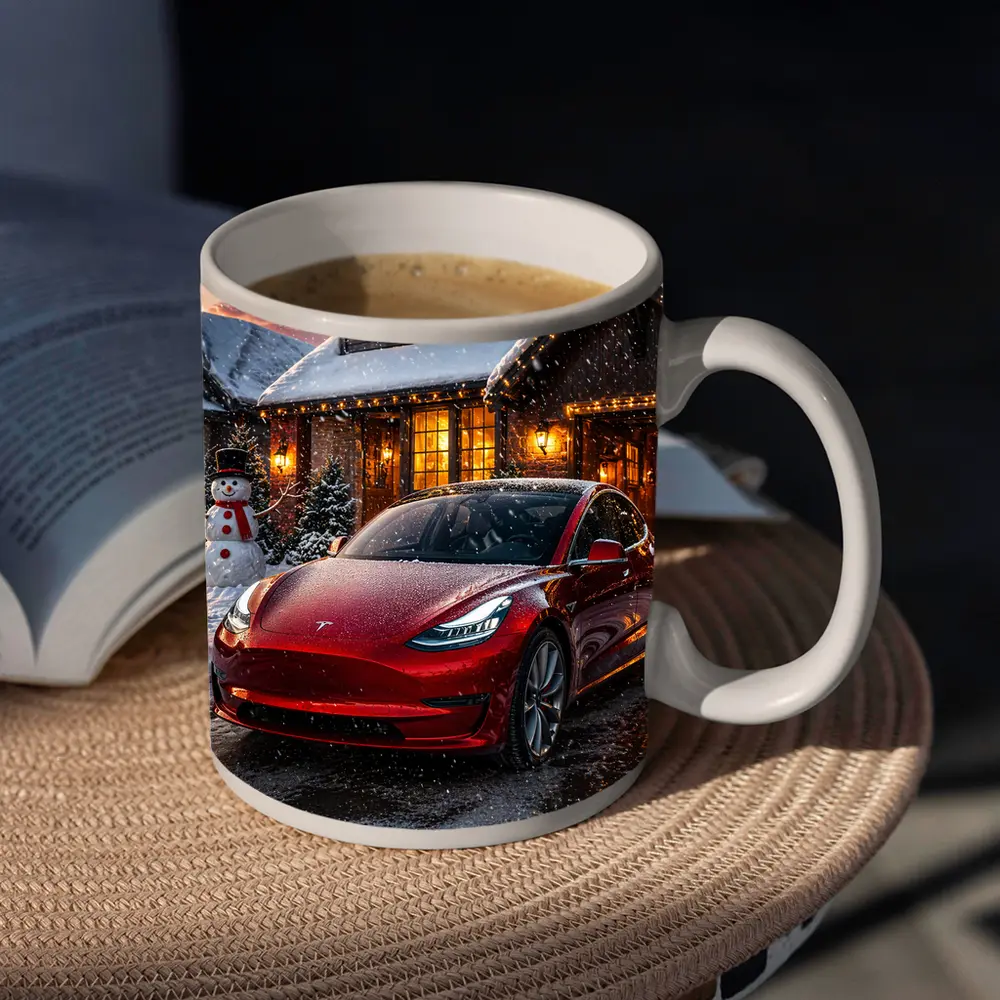 Tesla Model 3 Red Christmas Winter Night – Mugs