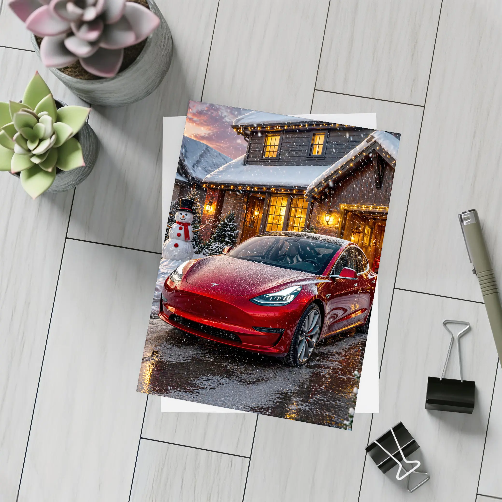 Tesla Model 3 Red Christmas Winter Night – Postcards