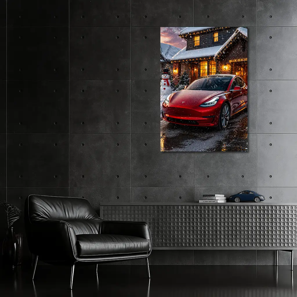 Tesla Model 3 Red Christmas Winter Night – Wall Art