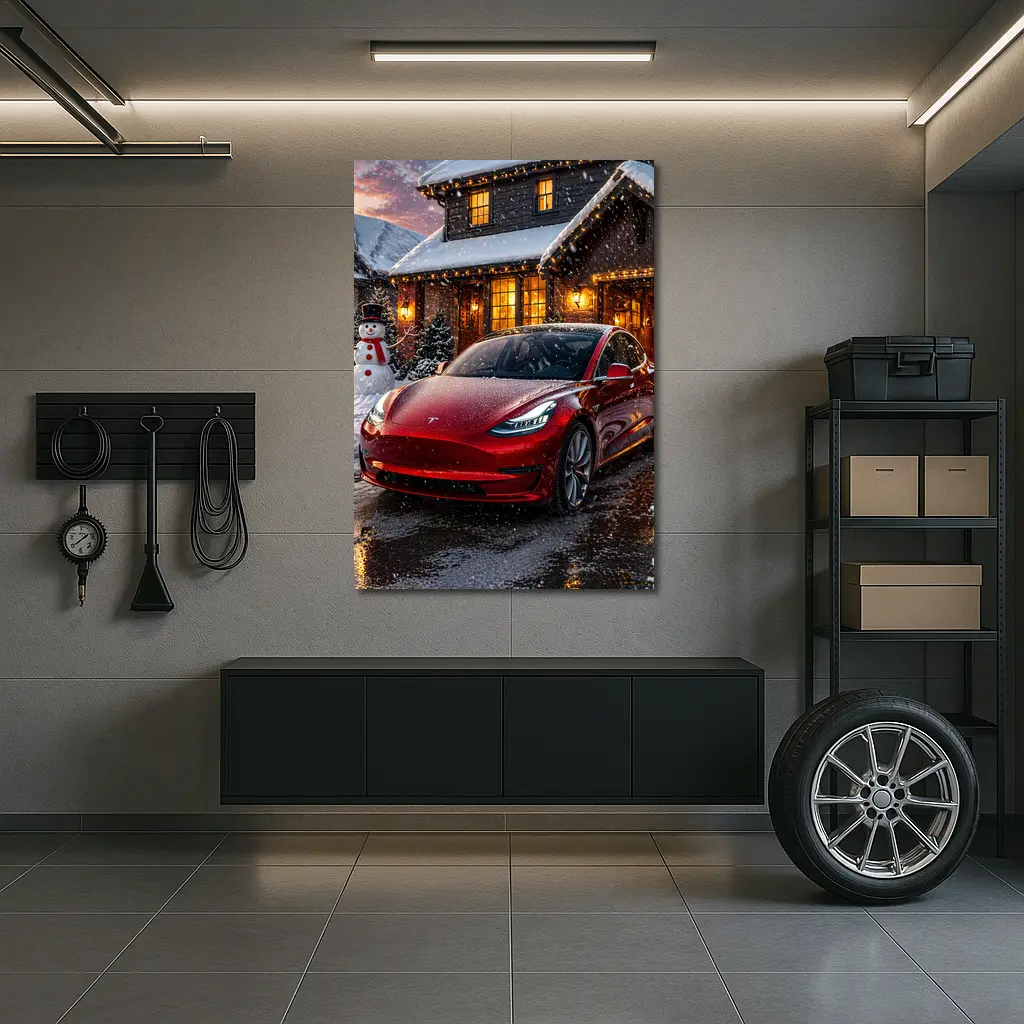 Tesla Model 3 Red Christmas Winter Night – Wall Art