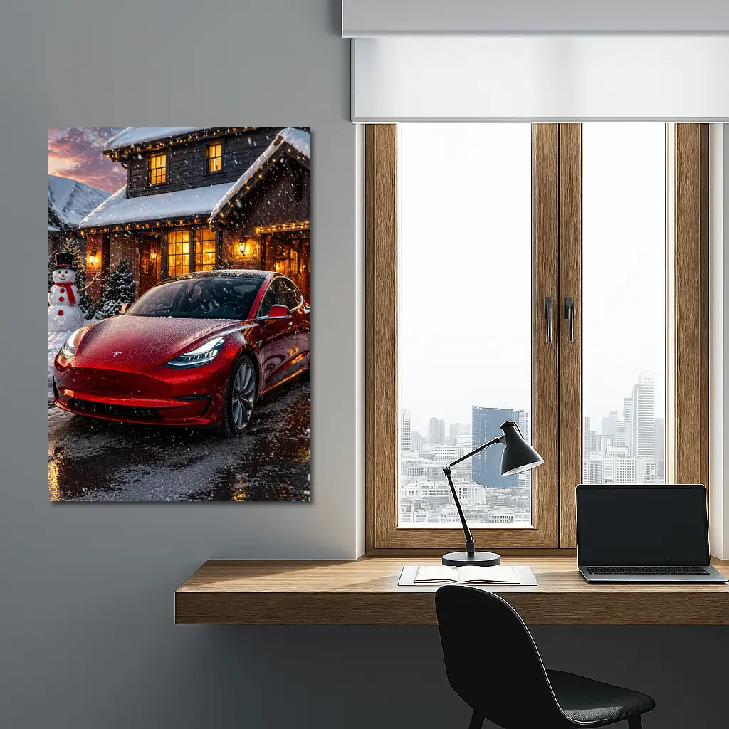 Tesla Model 3 Red Christmas Winter Night – Wall Art