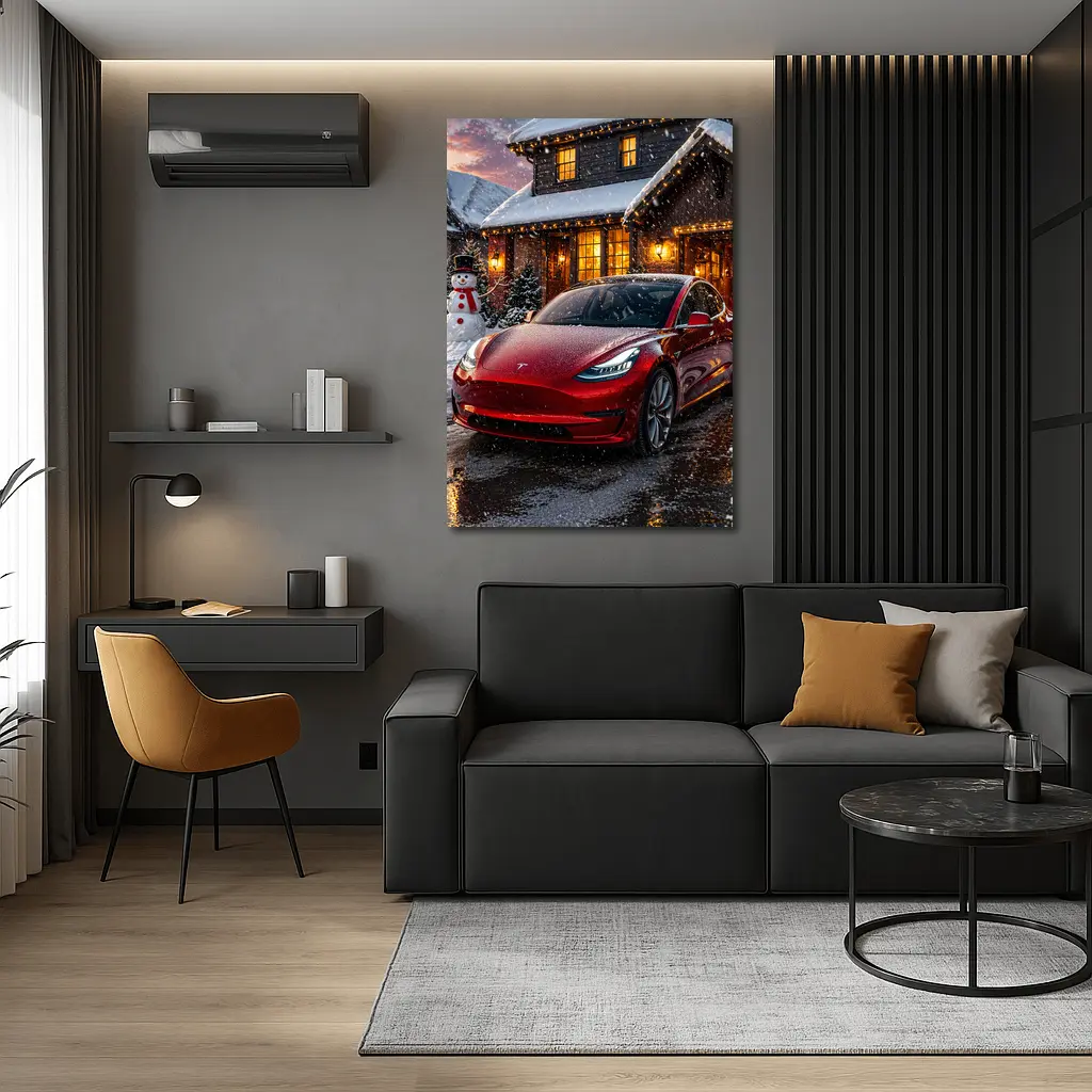 Tesla Model 3 Red Christmas Winter Night – Wall Art