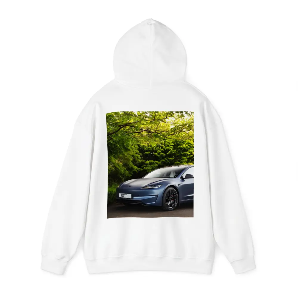 Tesla Model 3 Parked Among Green Trees – Hoodies