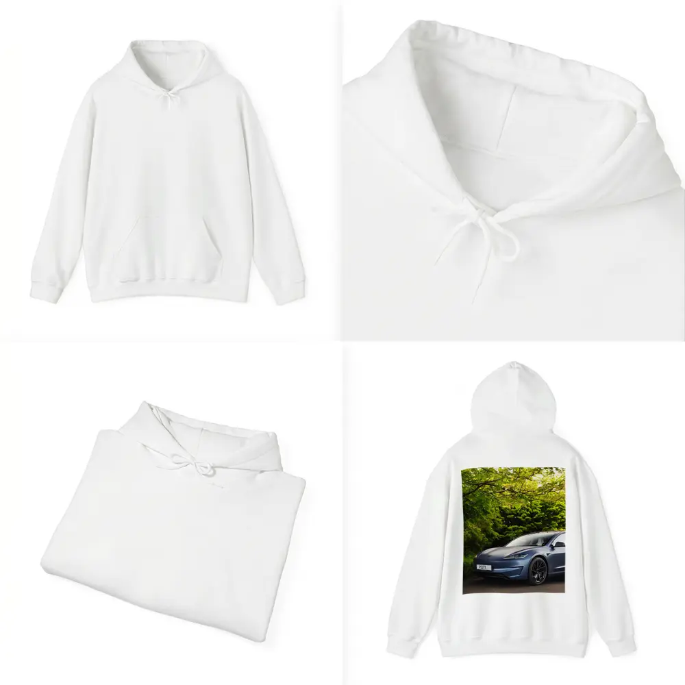 Tesla Model 3 Parked Among Green Trees – Hoodies