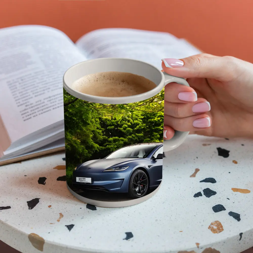 Tesla Model 3 Parked Among Green Trees – Mugs