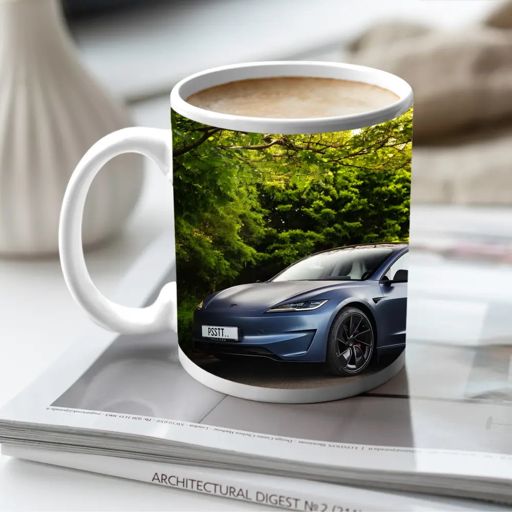 Tesla Model 3 Parked Among Green Trees – Mugs