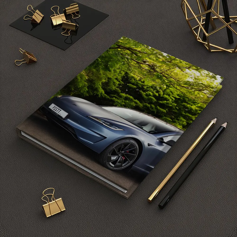 Tesla Model 3 Parked Among Green Trees – Notebooks