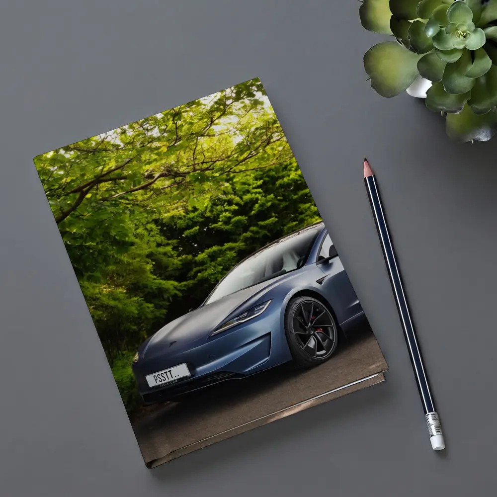 Tesla Model 3 Parked Among Green Trees – Notebooks