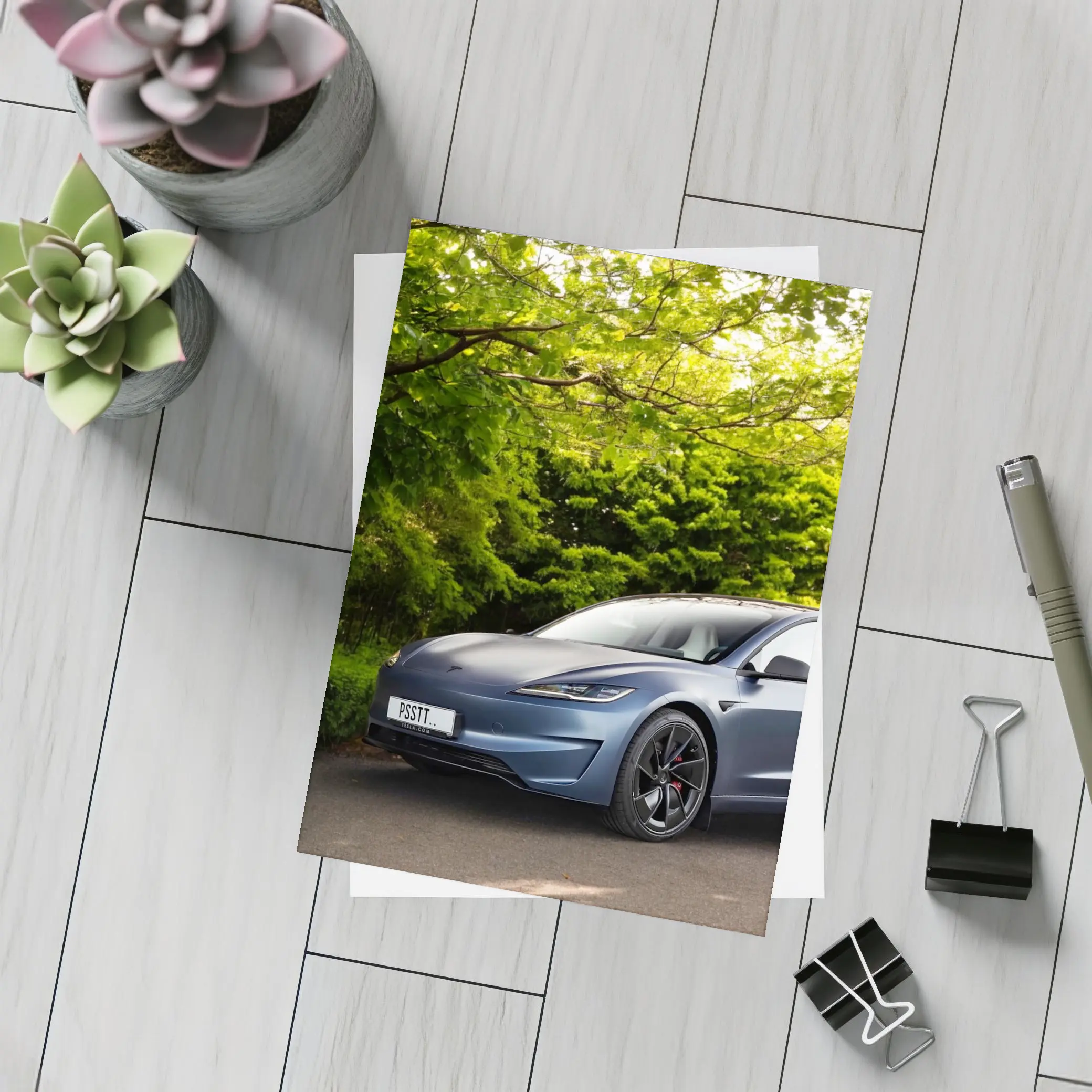 Tesla Model 3 Parked Among Green Trees – Postcards