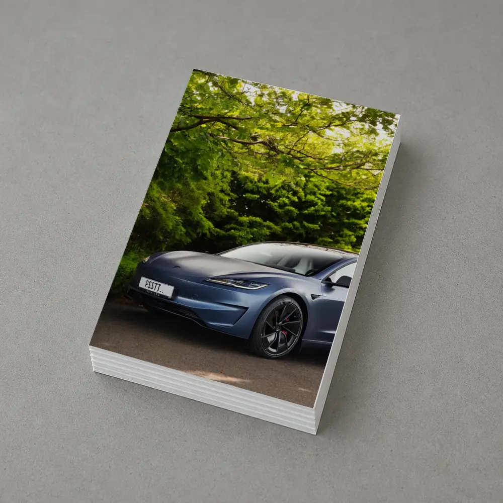 Tesla Model 3 Parked Among Green Trees – Postcards