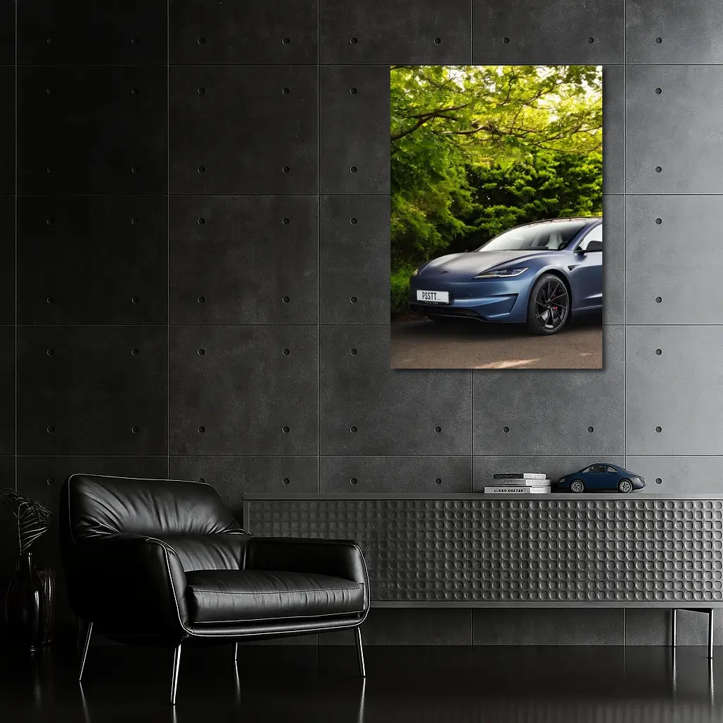 Tesla Model 3 Parked Among Green Trees – Wall Art