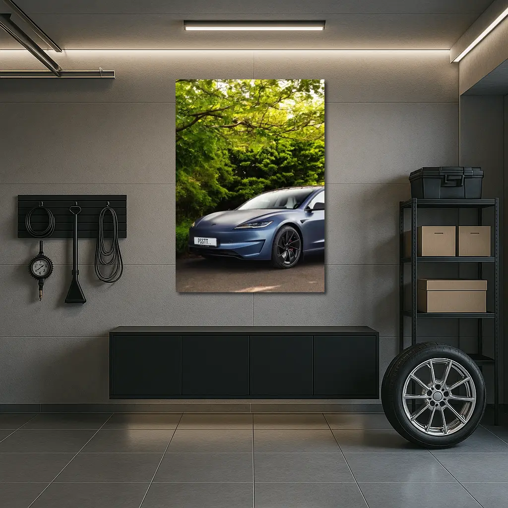 Tesla Model 3 Parked Among Green Trees – Wall Art