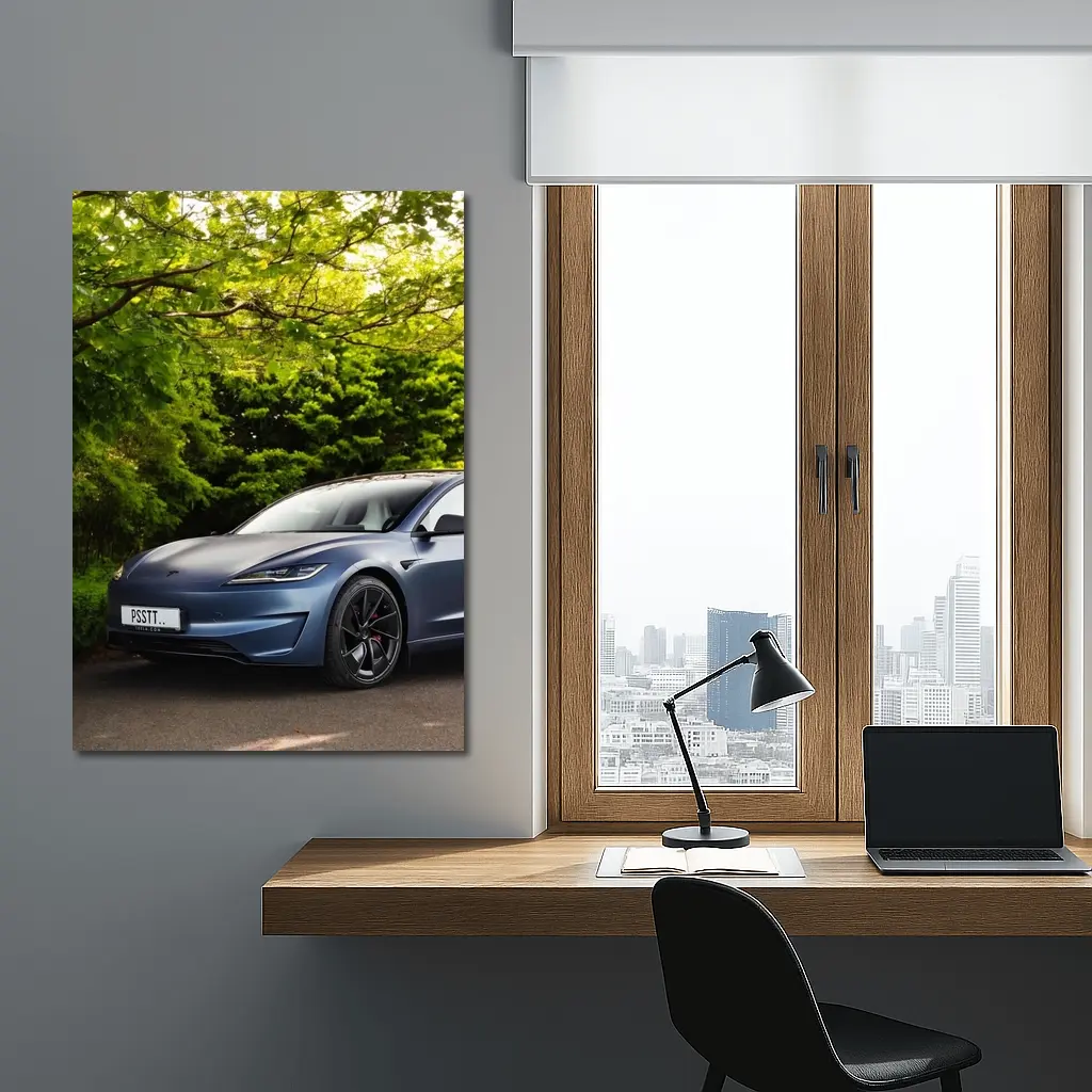 Tesla Model 3 Parked Among Green Trees – Wall Art