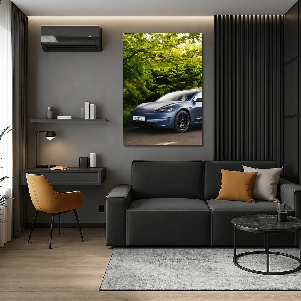 Tesla Model 3 Parked Among Green Trees – Wall Art