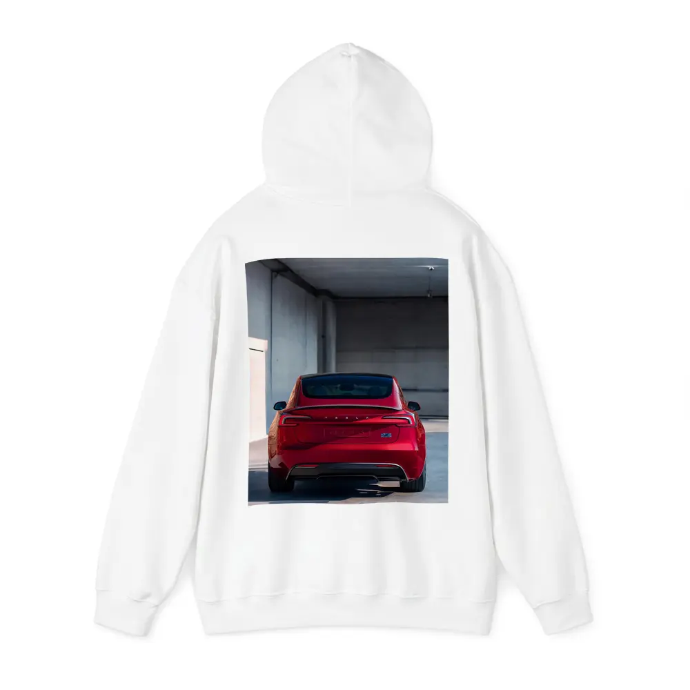 Red Tesla Model Three Rear Parking Garage – Hoodies