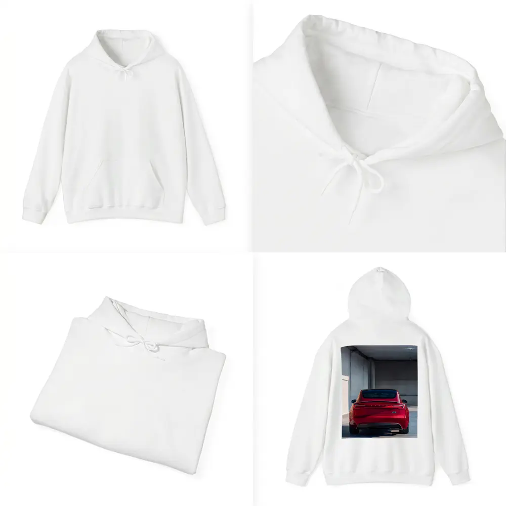 Red Tesla Model Three Rear Parking Garage – Hoodies
