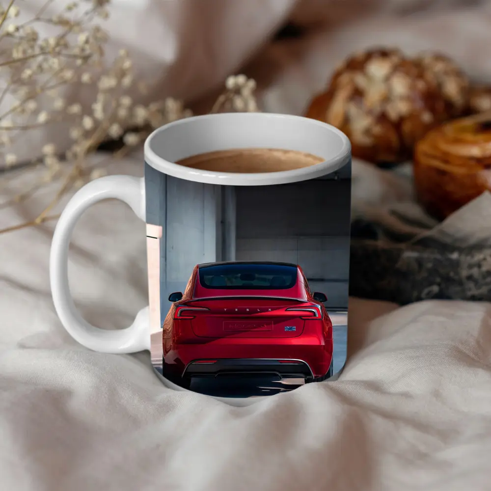Red Tesla Model Three Rear Parking Garage – Mugs