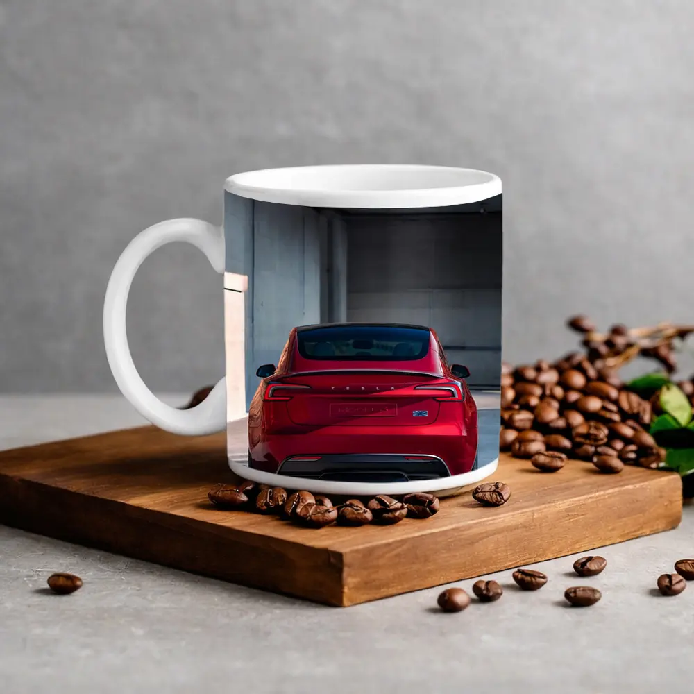 Red Tesla Model Three Rear Parking Garage – Mugs