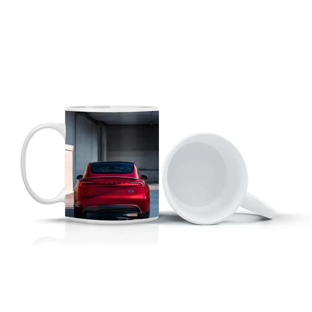 Red Tesla Model Three Rear Parking Garage – Mugs