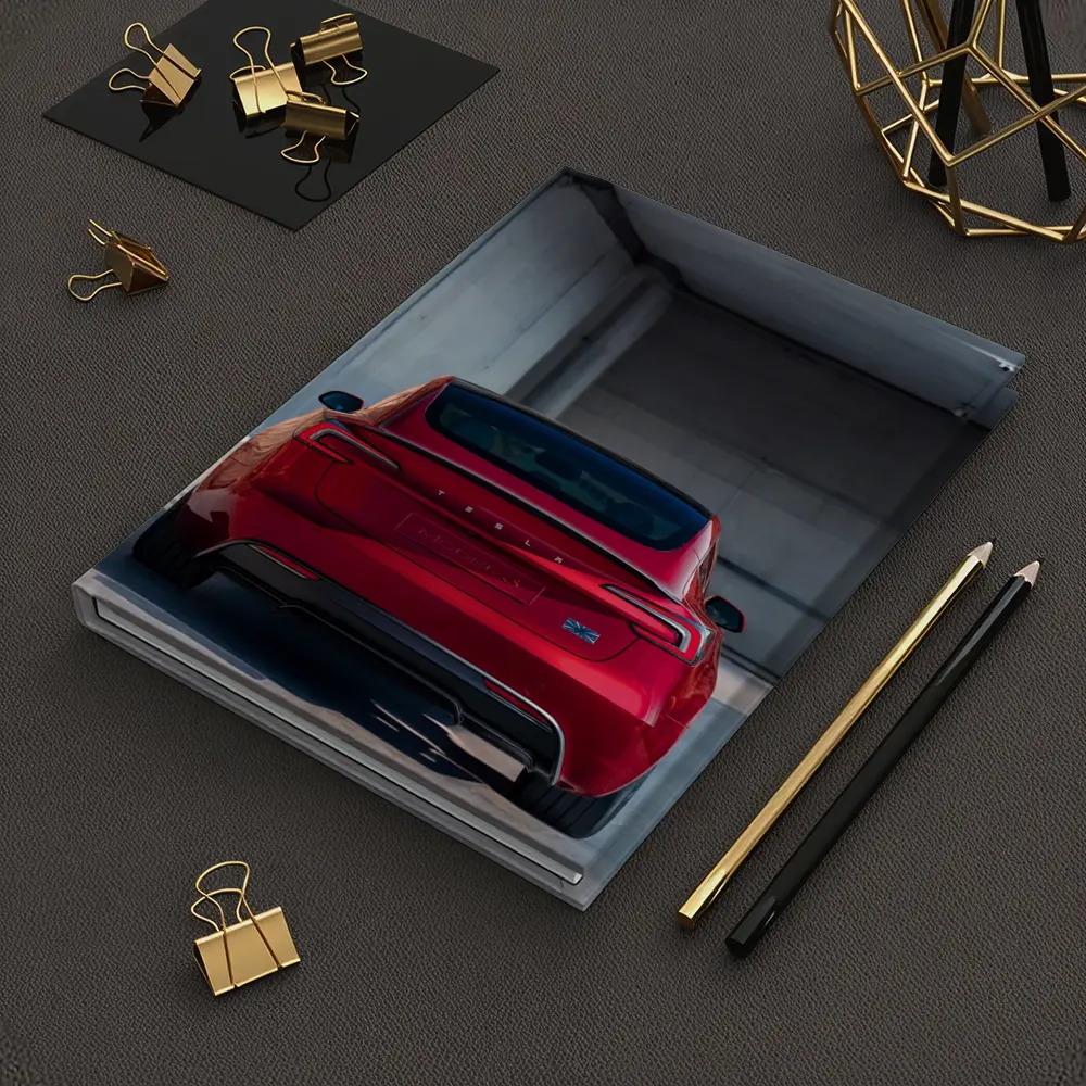 Red Tesla Model Three Rear Parking Garage – Notebooks