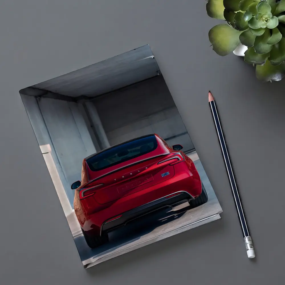 Red Tesla Model Three Rear Parking Garage – Notebooks