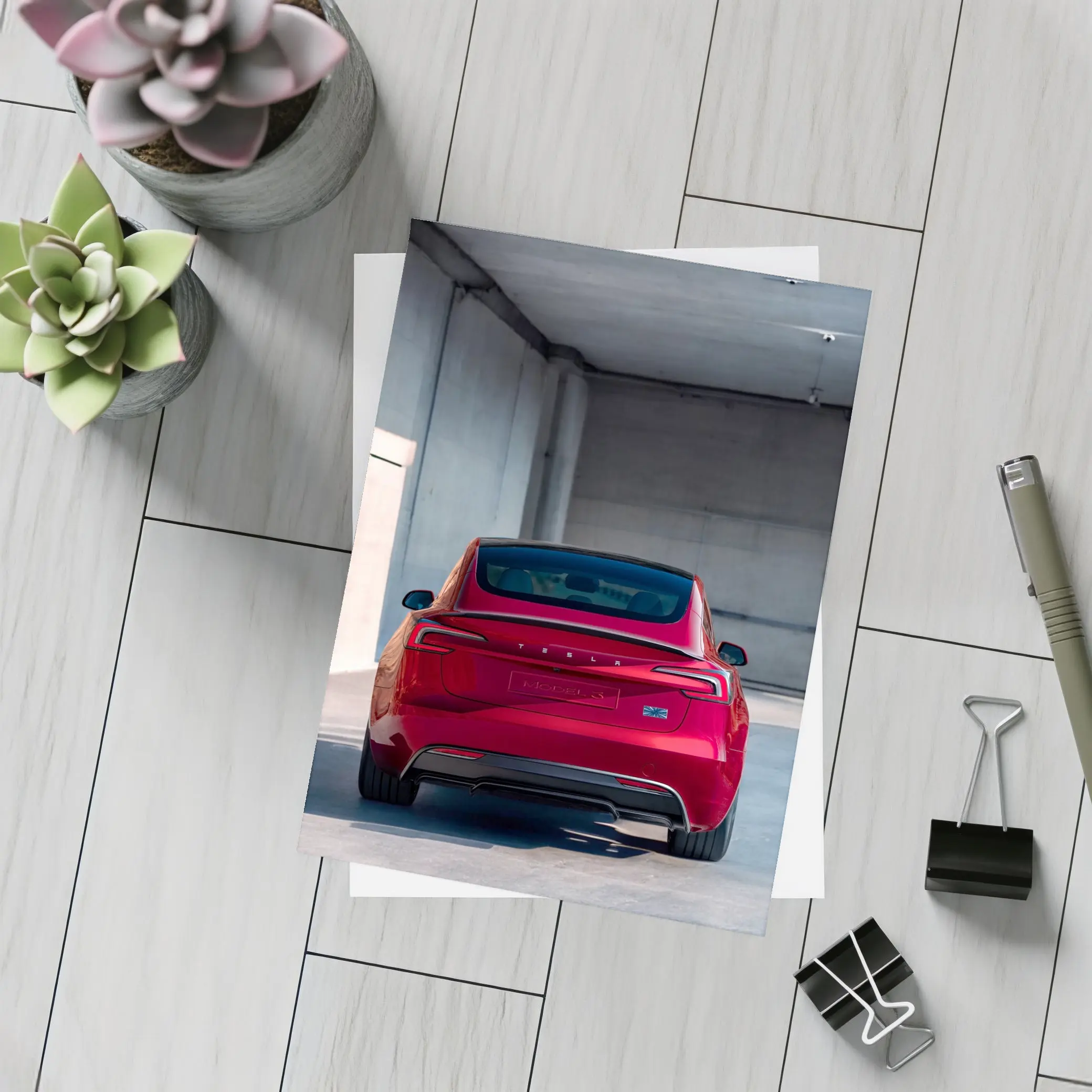 Red Tesla Model Three Rear Parking Garage – Postcards