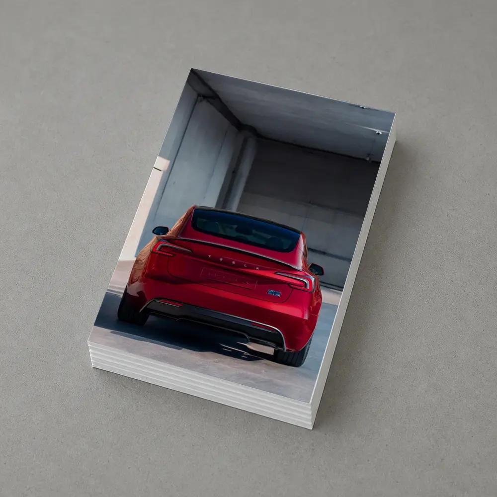 Red Tesla Model Three Rear Parking Garage – Postcards