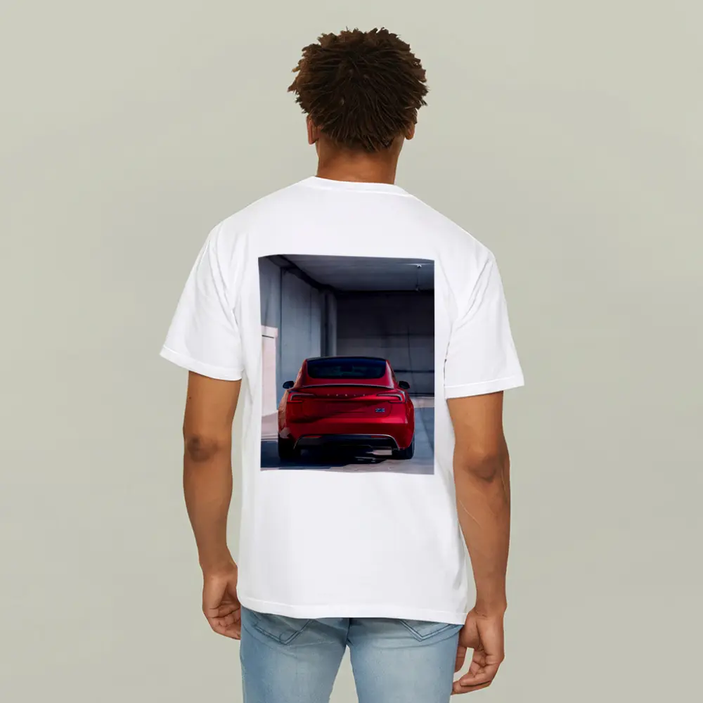 Red Tesla Model Three Rear Parking Garage – T-Shirts
