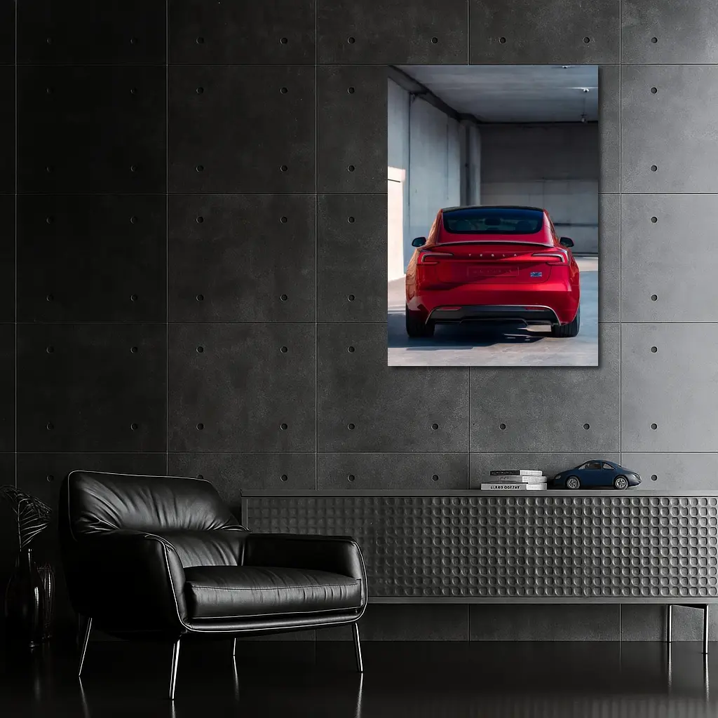 Red Tesla Model Three Rear Parking Garage – Wall Art