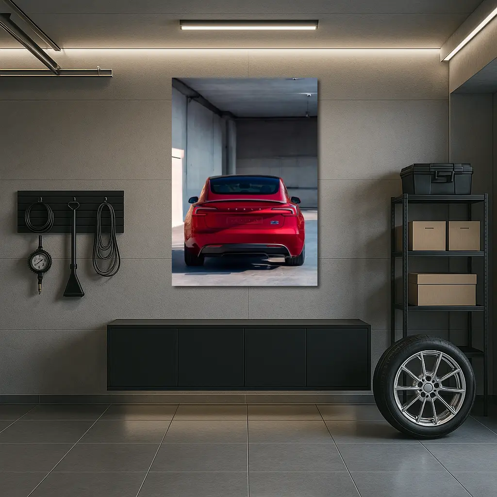 Red Tesla Model Three Rear Parking Garage – Wall Art