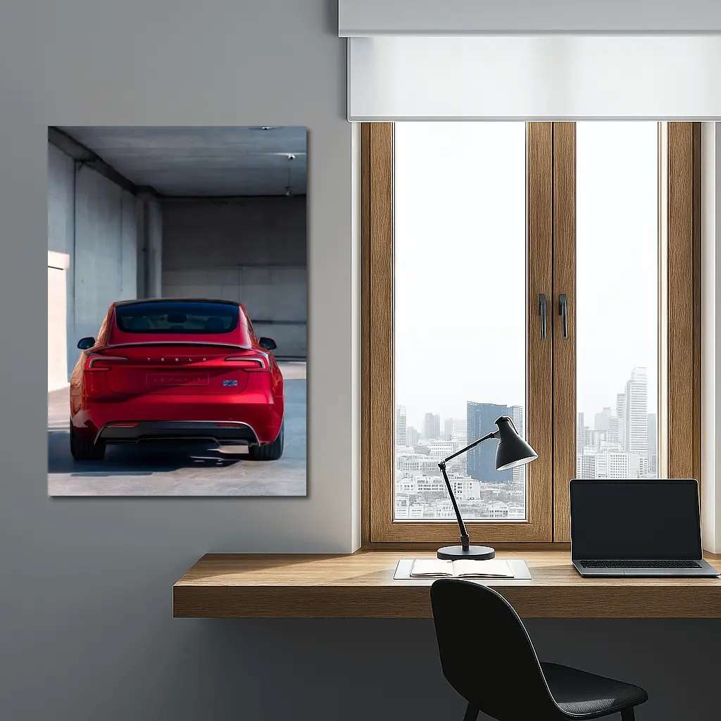 Red Tesla Model Three Rear Parking Garage – Wall Art